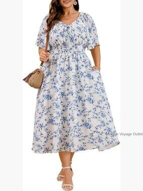 Plus Size Boho Maxi Dress Scoop Neck Tie Front Flowy A-Line Midi